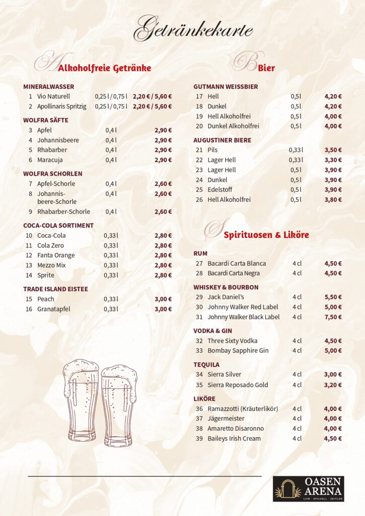 Oasen Arena Speisekarte