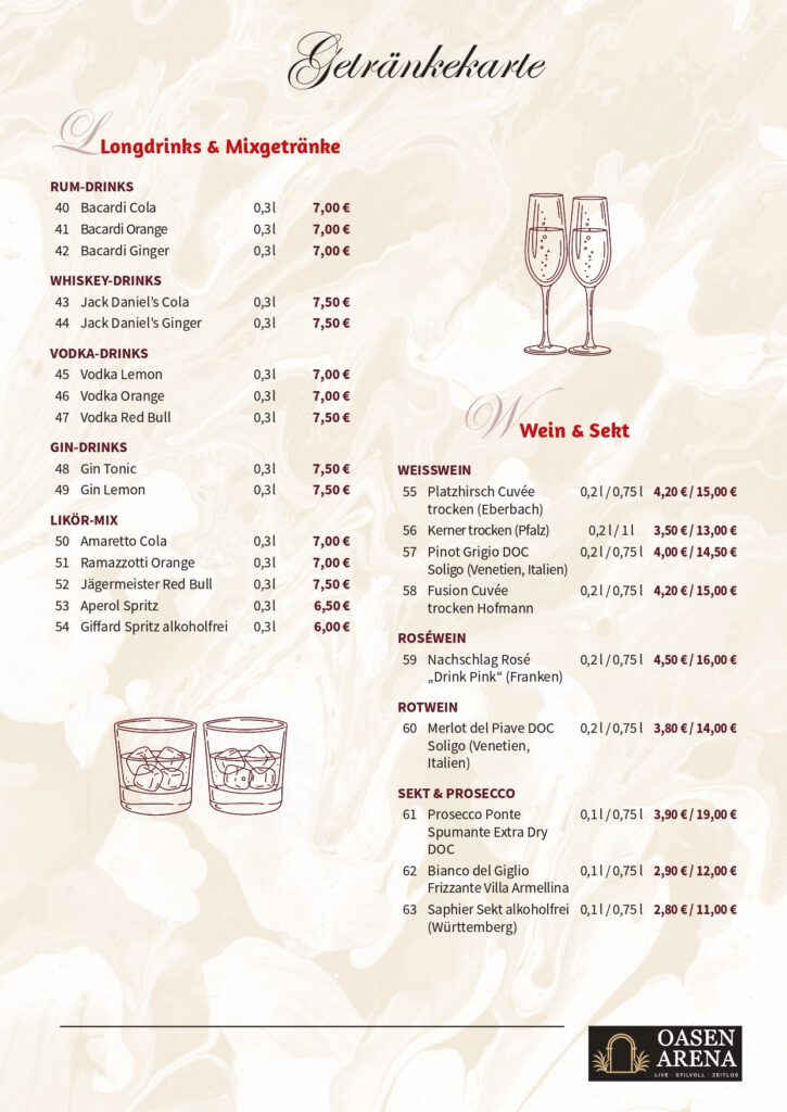 Oasen Arena Speisekarte
